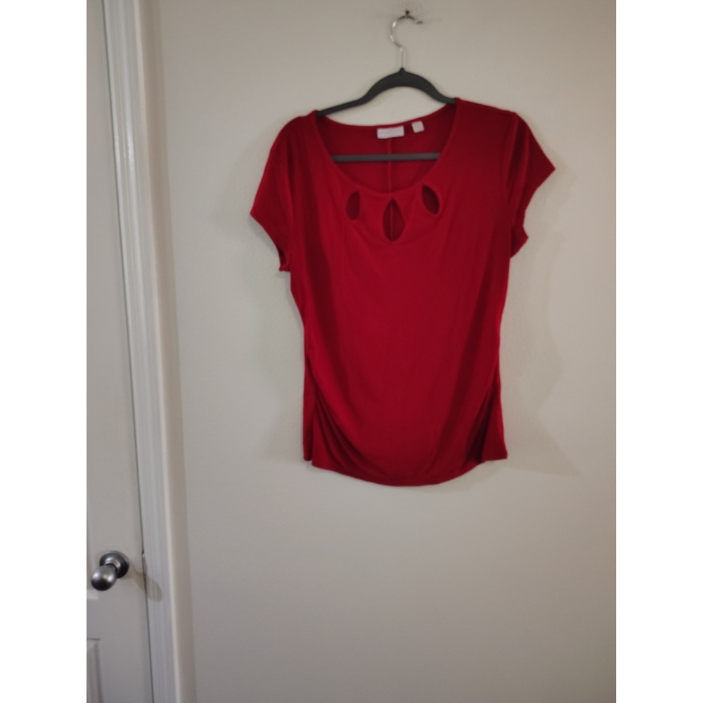 New York & Company Red‎ Short Sleeve Keyhole Cutout Stretch Blouse Medium